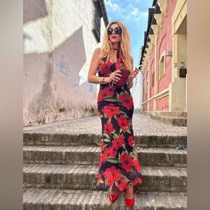 NWT Zara Floral Print Tulle Scarf Dress 
Women’s Size Small in Black Red & Green